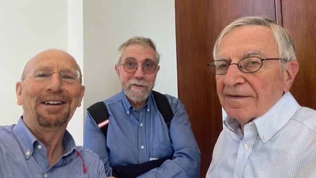 Richard Baldwin (Graduate Institute of Geneva), Paul Krugman (CUNY and Princeton, Emeritus), and Elhanan Helpman (Harvard) converse at the conference.