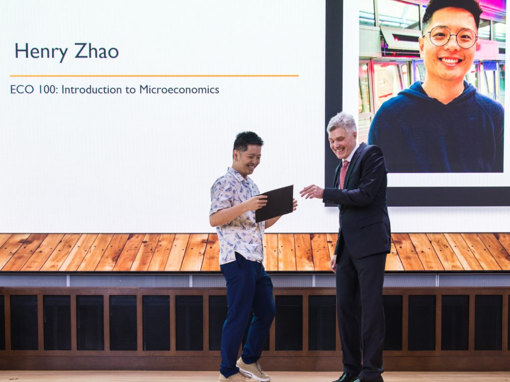 Henry Zhao was recognized for precepting ECO 100: Introduction to Microeconomics. Photo credit: Dan Komoda